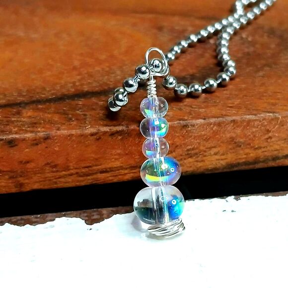Dainty Holographic Glass Beaded Pendant Necklace, Ball Chain, 16" - Picture 1 of 5